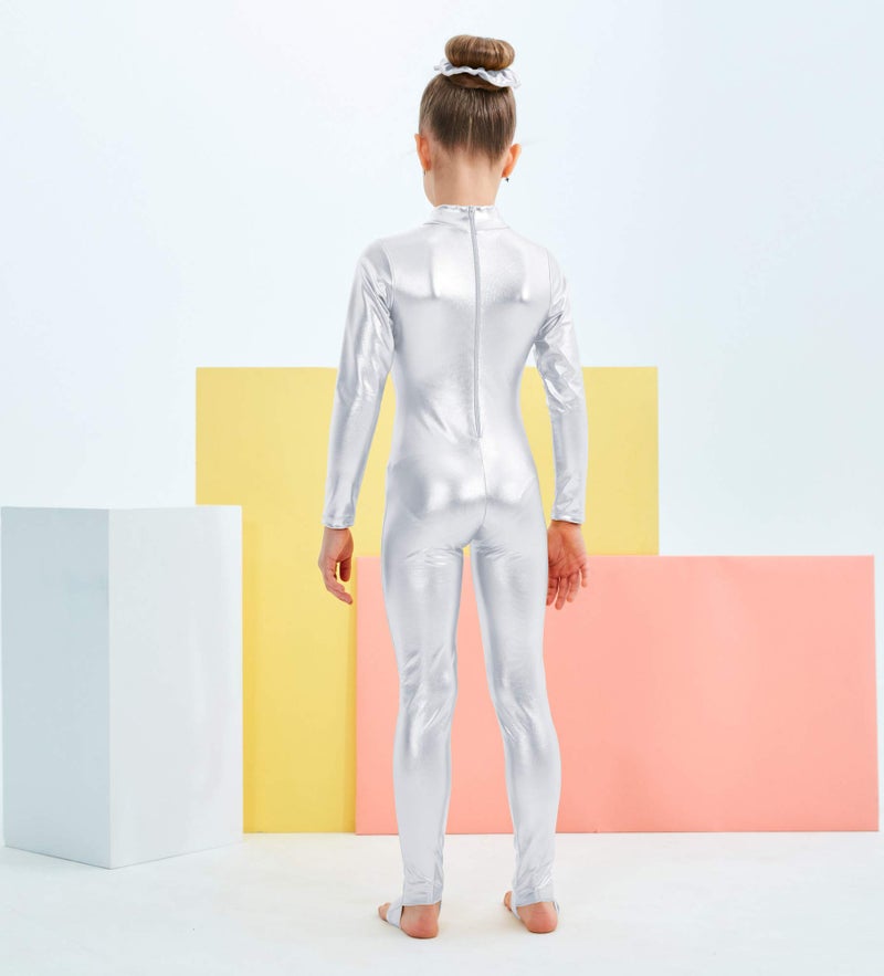 Kepblom Girls Shiny Metallic Mock Neck Unitard Long Sleeve Zipper Back One Piece Bodysuit Costume - Image 4